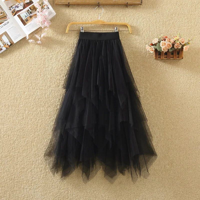 Irregular Elastic High Waist Mesh Tulle Skirt