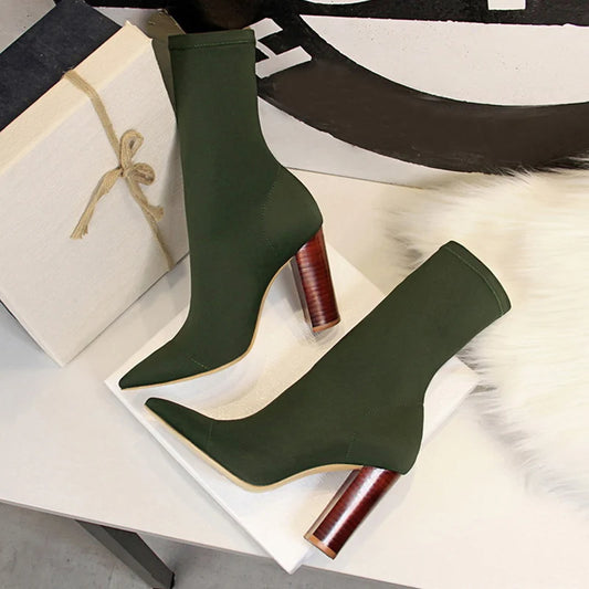 Women stretch fabric Ankle Square High Heel boots