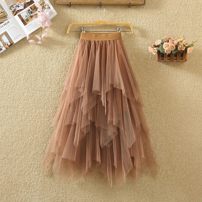 Irregular Elastic High Waist Mesh Tulle Skirt