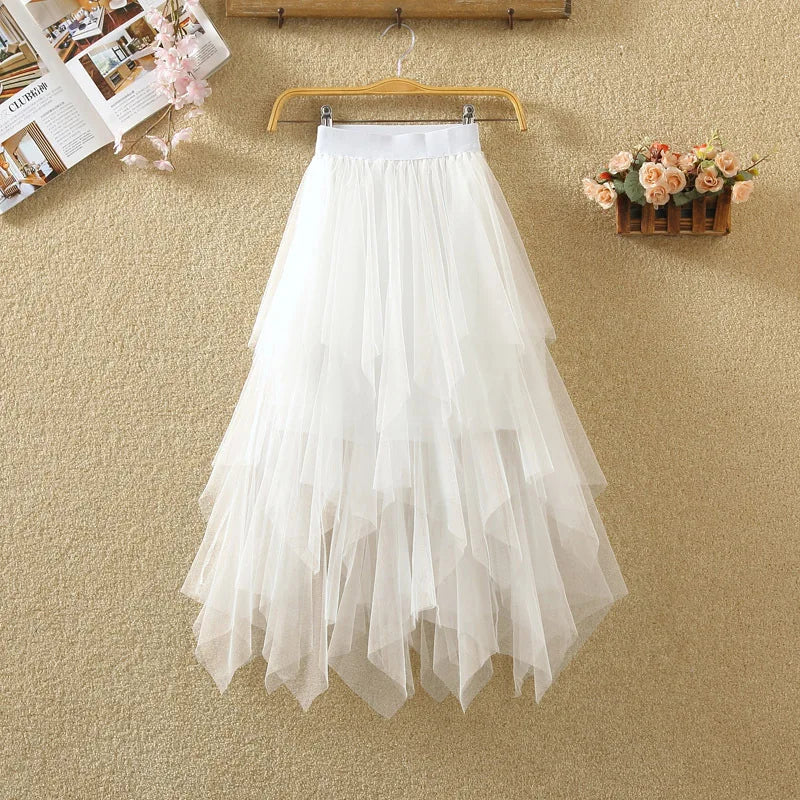 Irregular Elastic High Waist Mesh Tulle Skirt