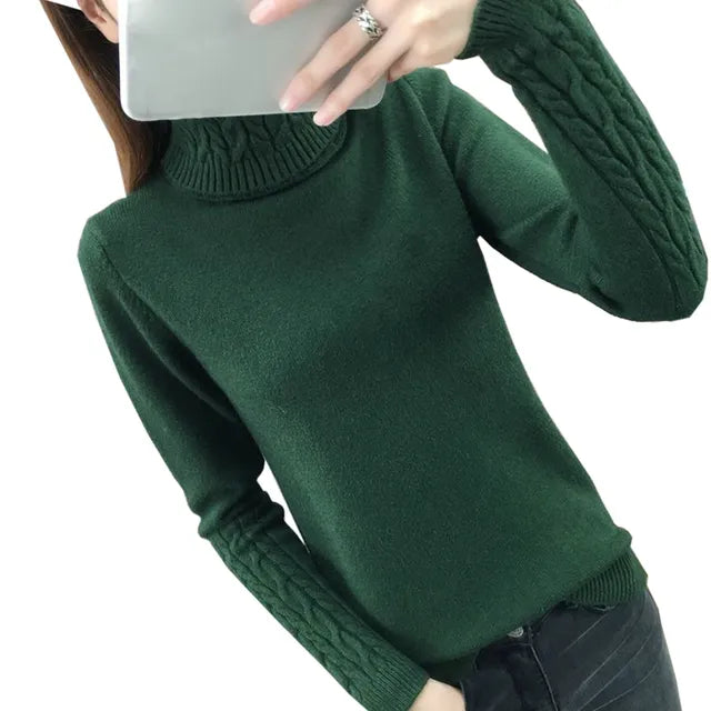 Women Turtleneck Winter Sweater Green