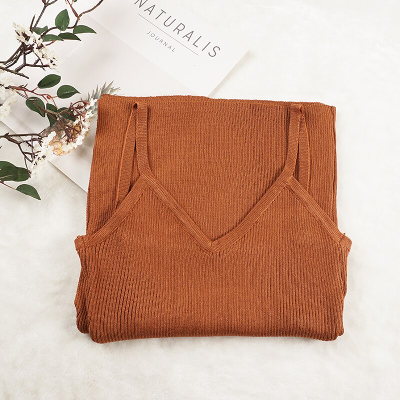 Spaghetti Strap V-Neck Split Knitted Bodycon Dress