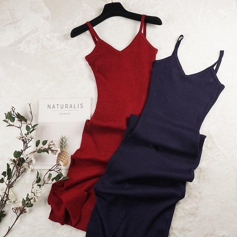 Spaghetti Strap V-Neck Split Knitted Bodycon Dress