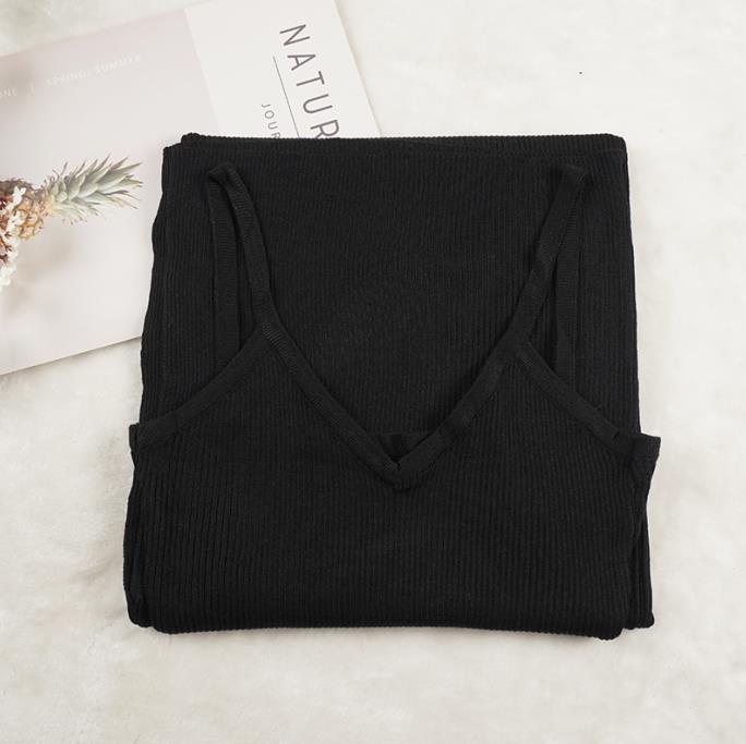 Spaghetti Strap V-Neck Split Knitted Bodycon Dress Black One Size