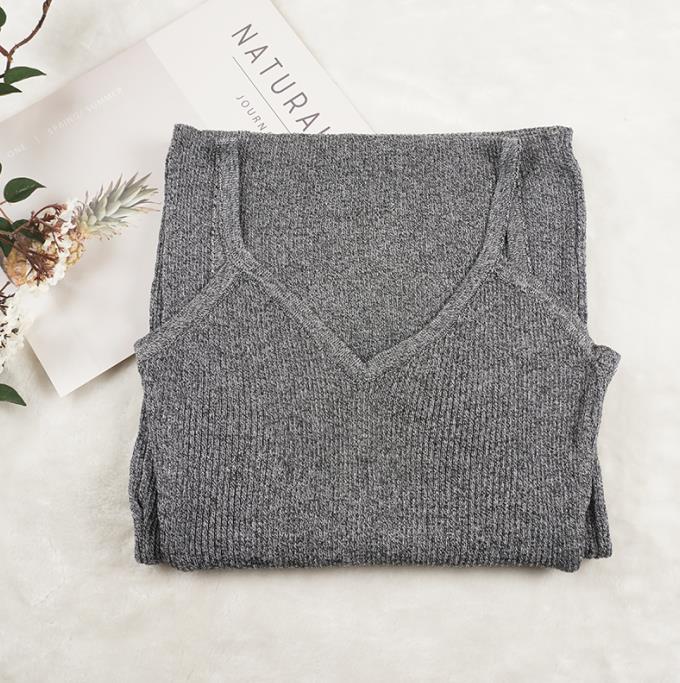 Spaghetti Strap V-Neck Split Knitted Bodycon Dress Gray One Size