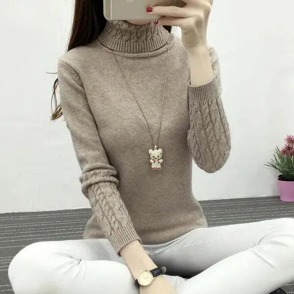 Women Turtleneck Winter Sweater Khaki