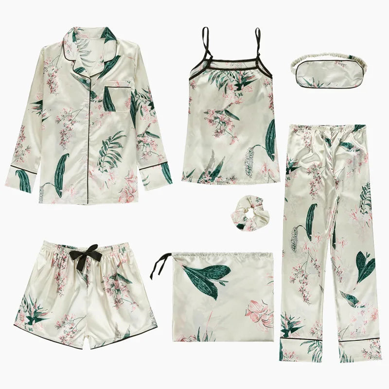 Spring Summer 7 Pcs satin Pajamas Set
