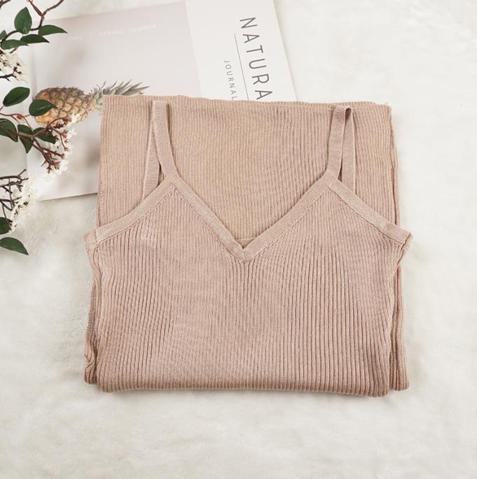 Spaghetti Strap V-Neck Split Knitted Bodycon Dress Khaki One Size