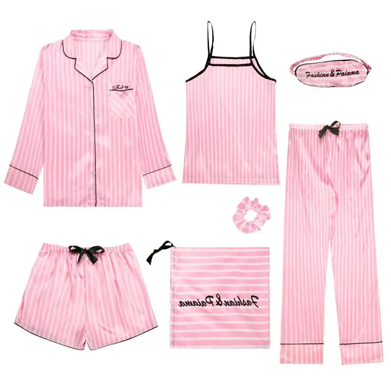 Spring Summer 7 Pcs satin Pajamas Set