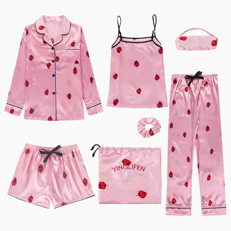 Spring Summer 7 Pcs satin Pajamas Set