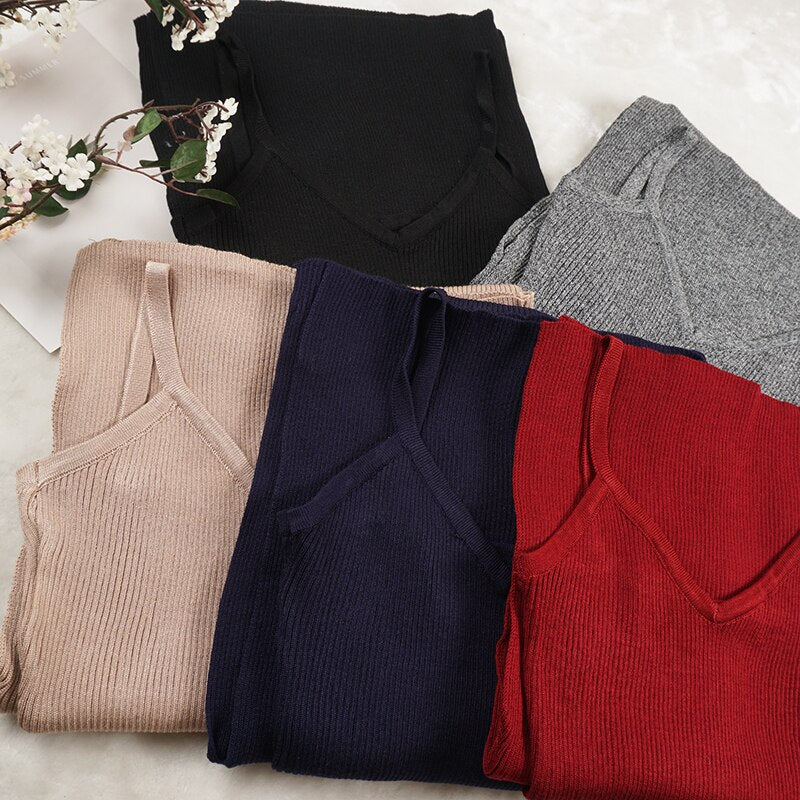 Spaghetti Strap V-Neck Split Knitted Bodycon Dress