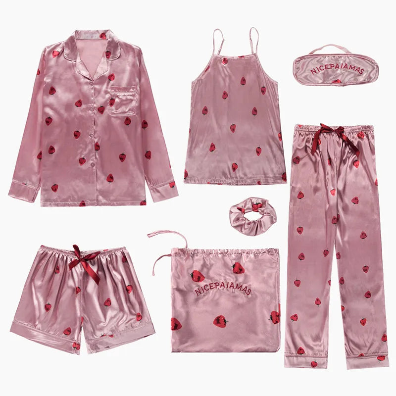 Spring Summer 7 Pcs satin Pajamas Set