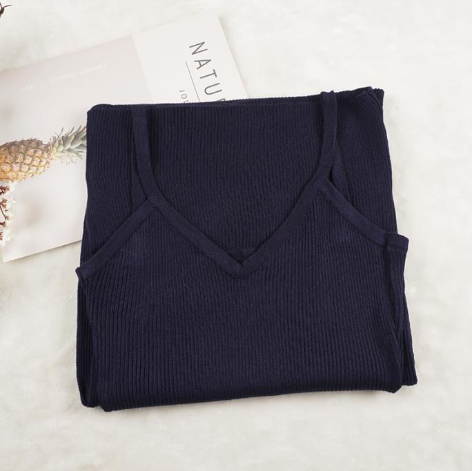 Spaghetti Strap V-Neck Split Knitted Bodycon Dress Navy Blue One Size