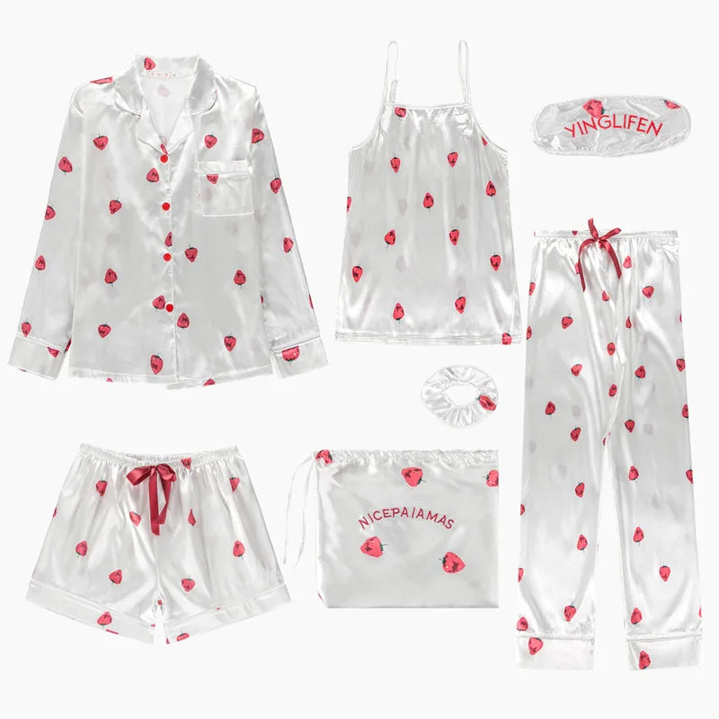 Spring Summer 7 Pcs satin Pajamas Set