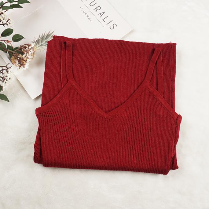 Spaghetti Strap V-Neck Split Knitted Bodycon Dress Burgundy One Size