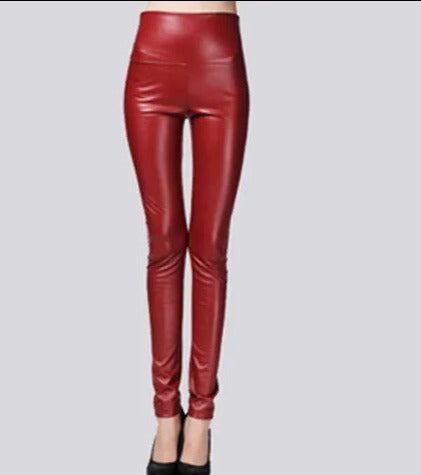 Women Thin Velvet PU Leather Pants Burgundy