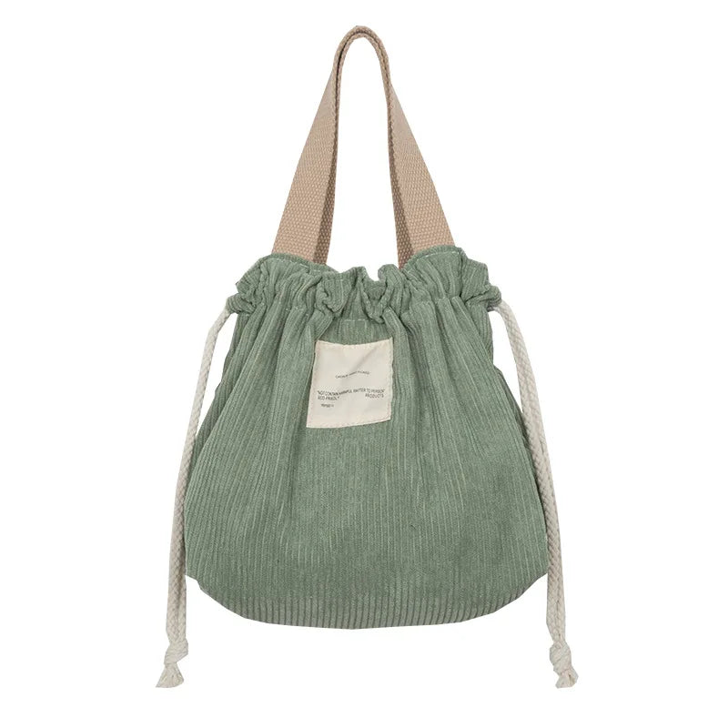 Corduroy Canvas Lunch storage Bag Drawstring Green