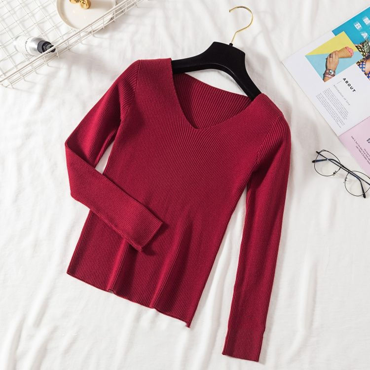 V-neck knitted pullover sweater Burgundy