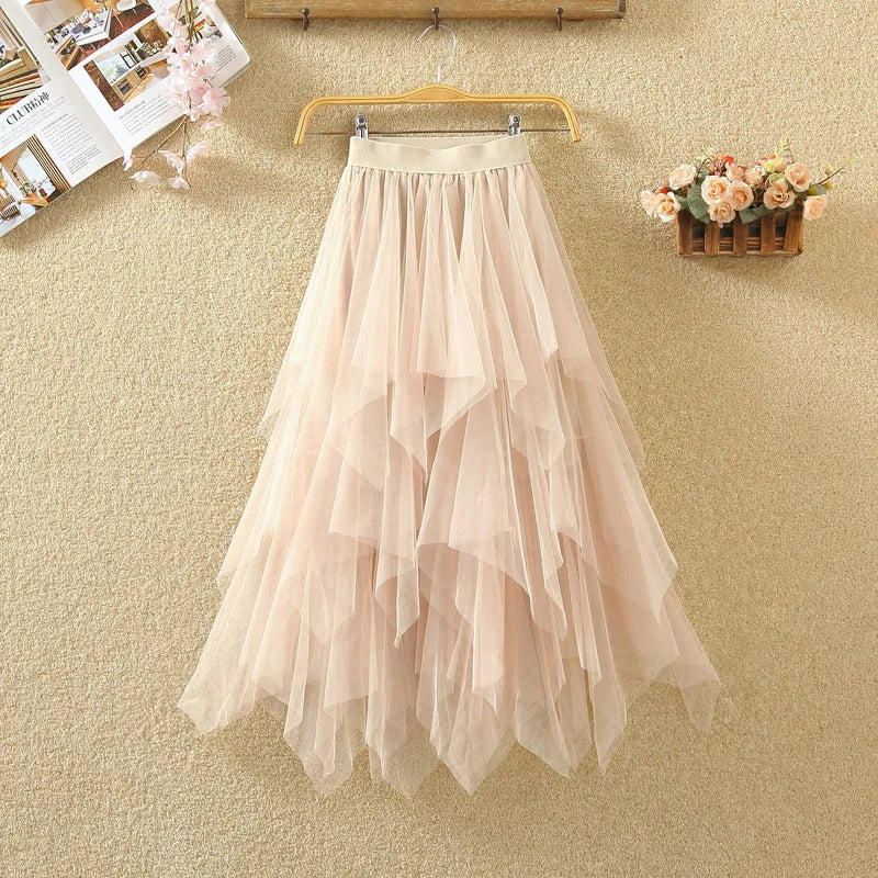 Irregular Elastic High Waist Mesh Tulle Skirt