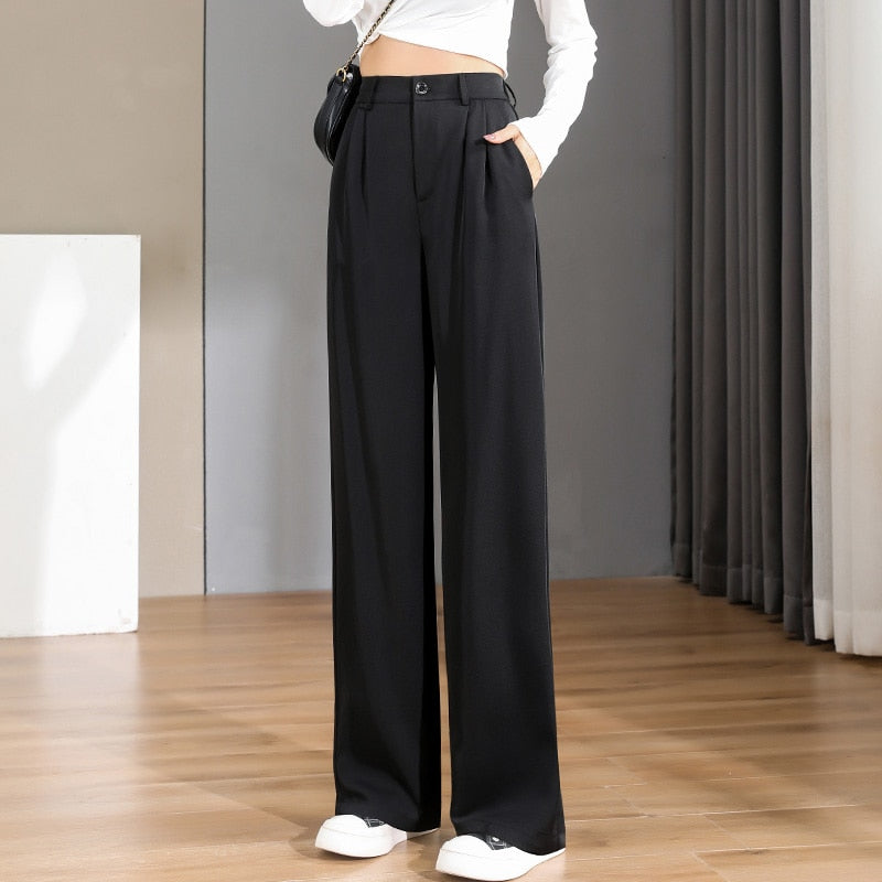 Women Chic Office Wear Straight Pants Black