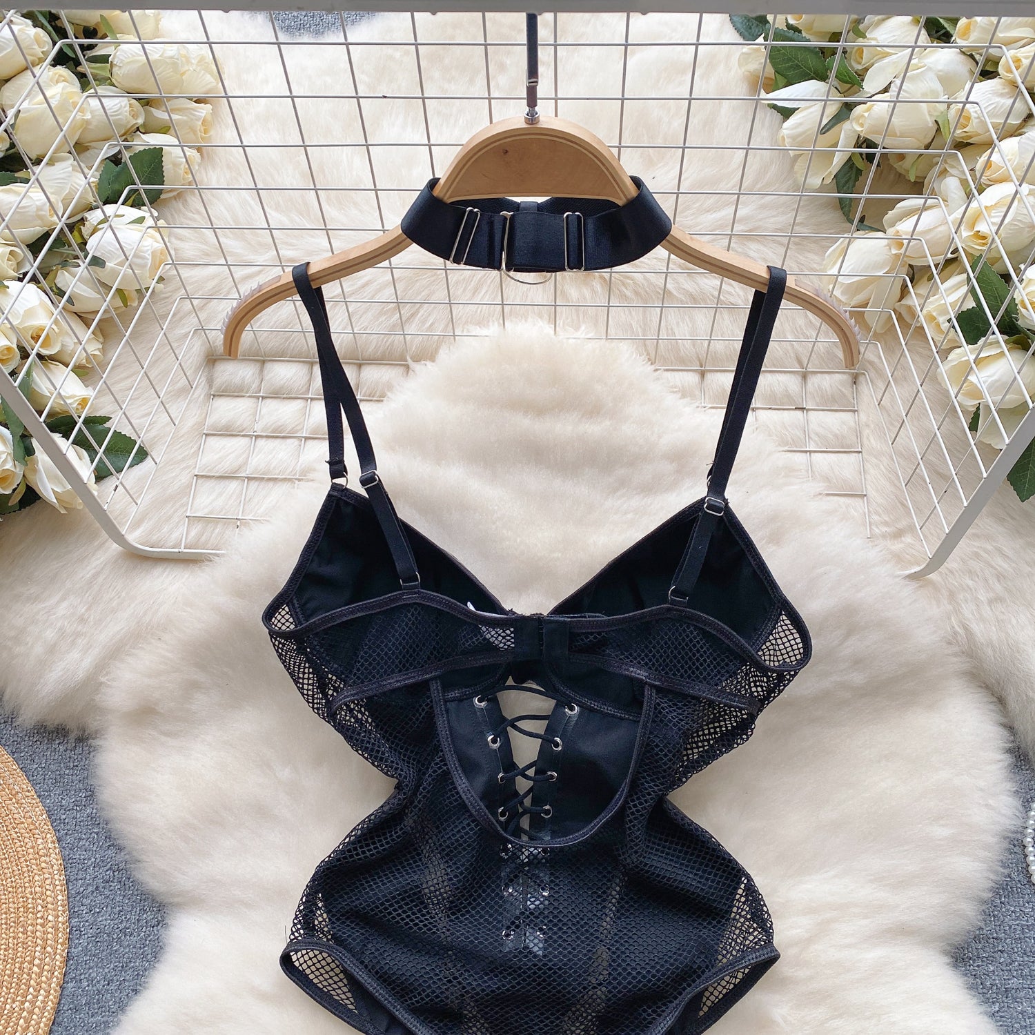 Lace-up PU Hollow One Piece Faux Leather body lingerie