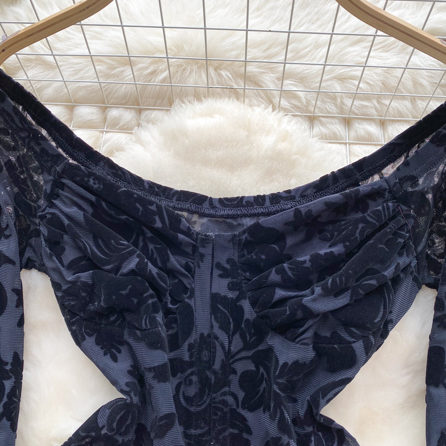 Sexy Lace Print Flock off Shoulder Long Sleeve body suit lingerie