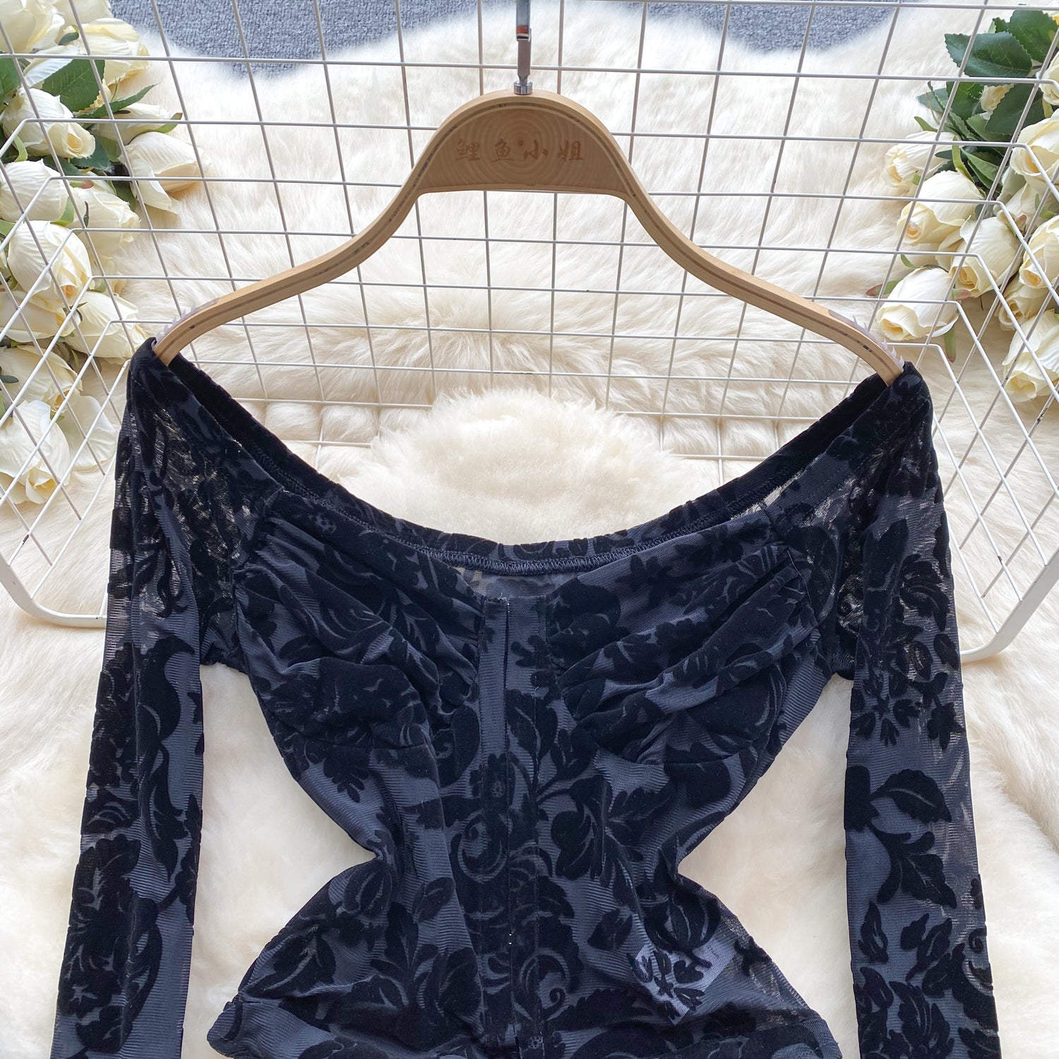 Sexy Lace Print Flock off Shoulder Long Sleeve body suit lingerie
