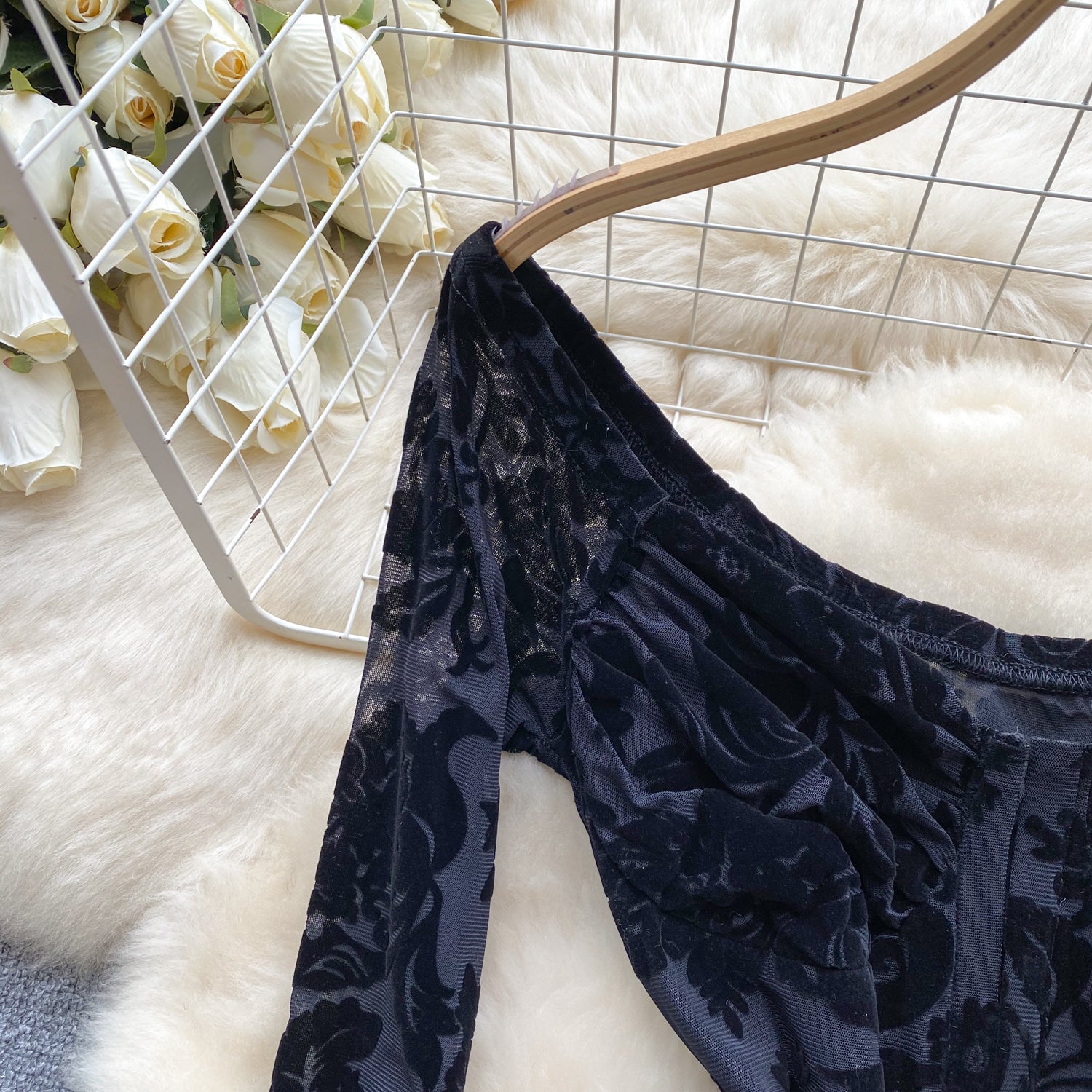 Sexy Lace Print Flock off Shoulder Long Sleeve body suit lingerie