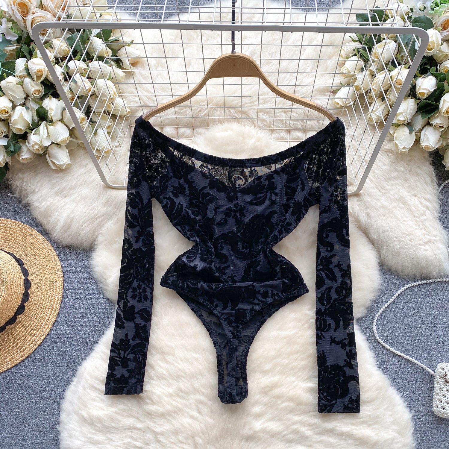 Sexy Lace Print Flock off Shoulder Long Sleeve body suit lingerie