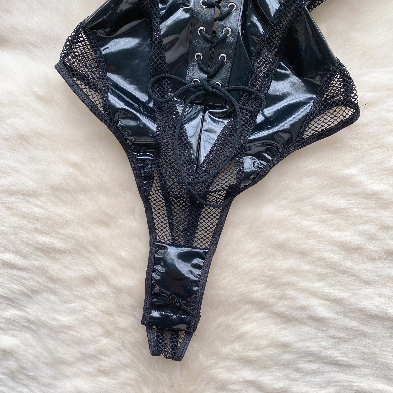 Lace-up PU Hollow One Piece Faux Leather body lingerie