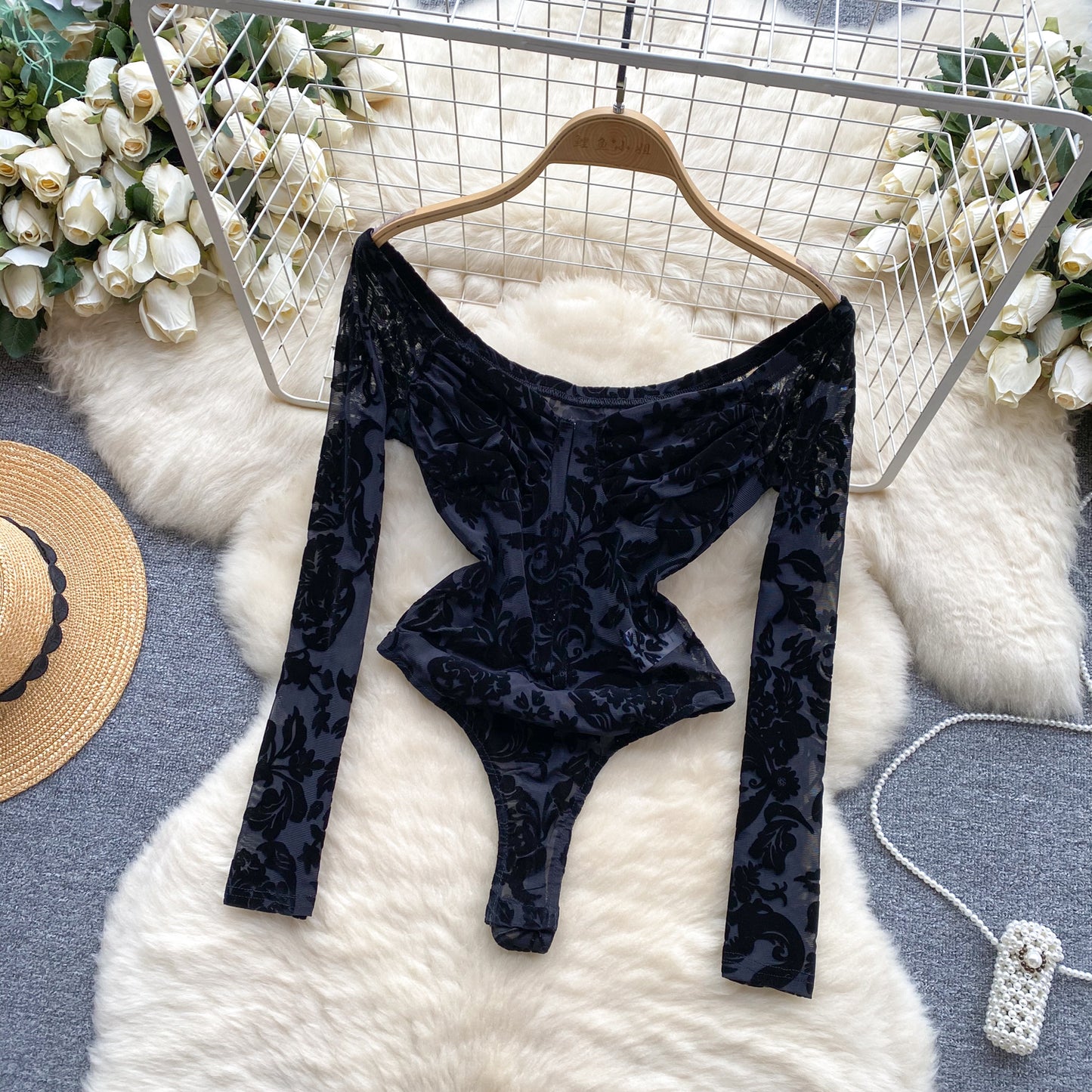 Sexy Lace Print Flock off Shoulder Long Sleeve body suit lingerie