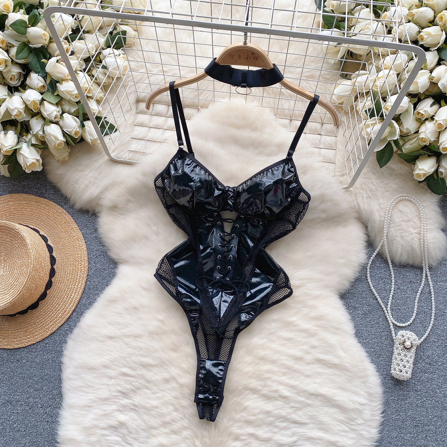 Lace-up PU Hollow One Piece Faux Leather body lingerie