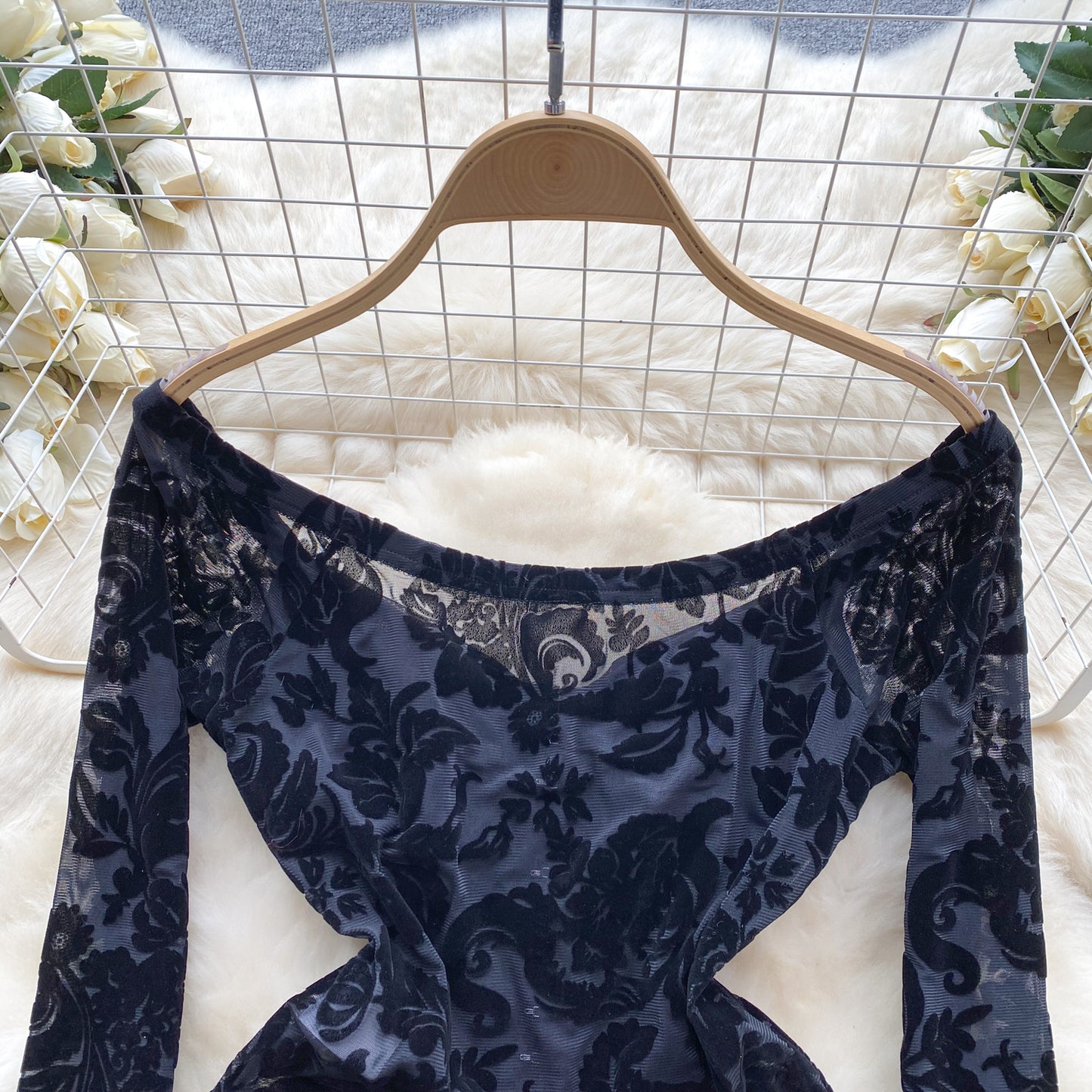 Sexy Lace Print Flock off Shoulder Long Sleeve body suit lingerie