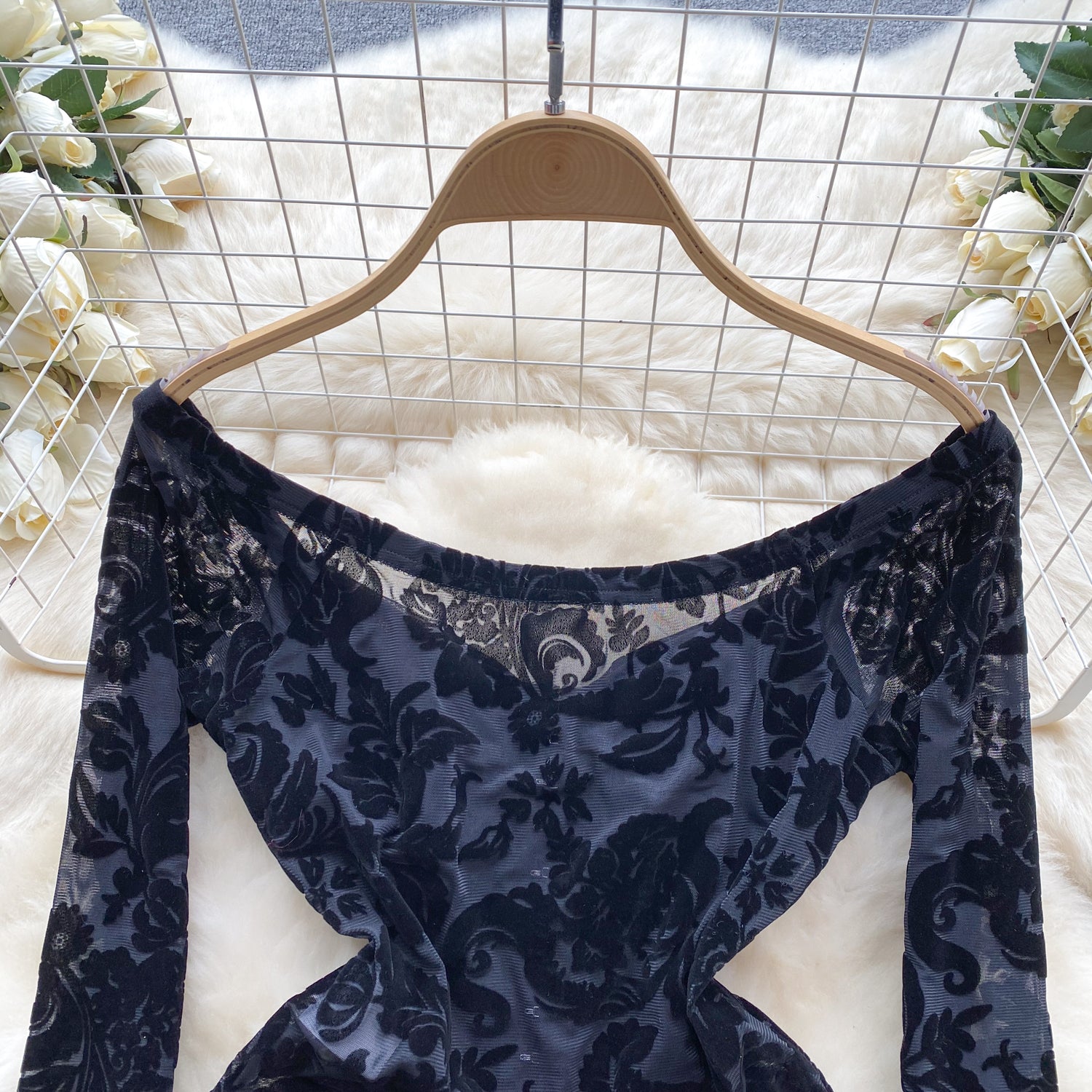 Sexy Lace Print Flock off Shoulder Long Sleeve body suit lingerie