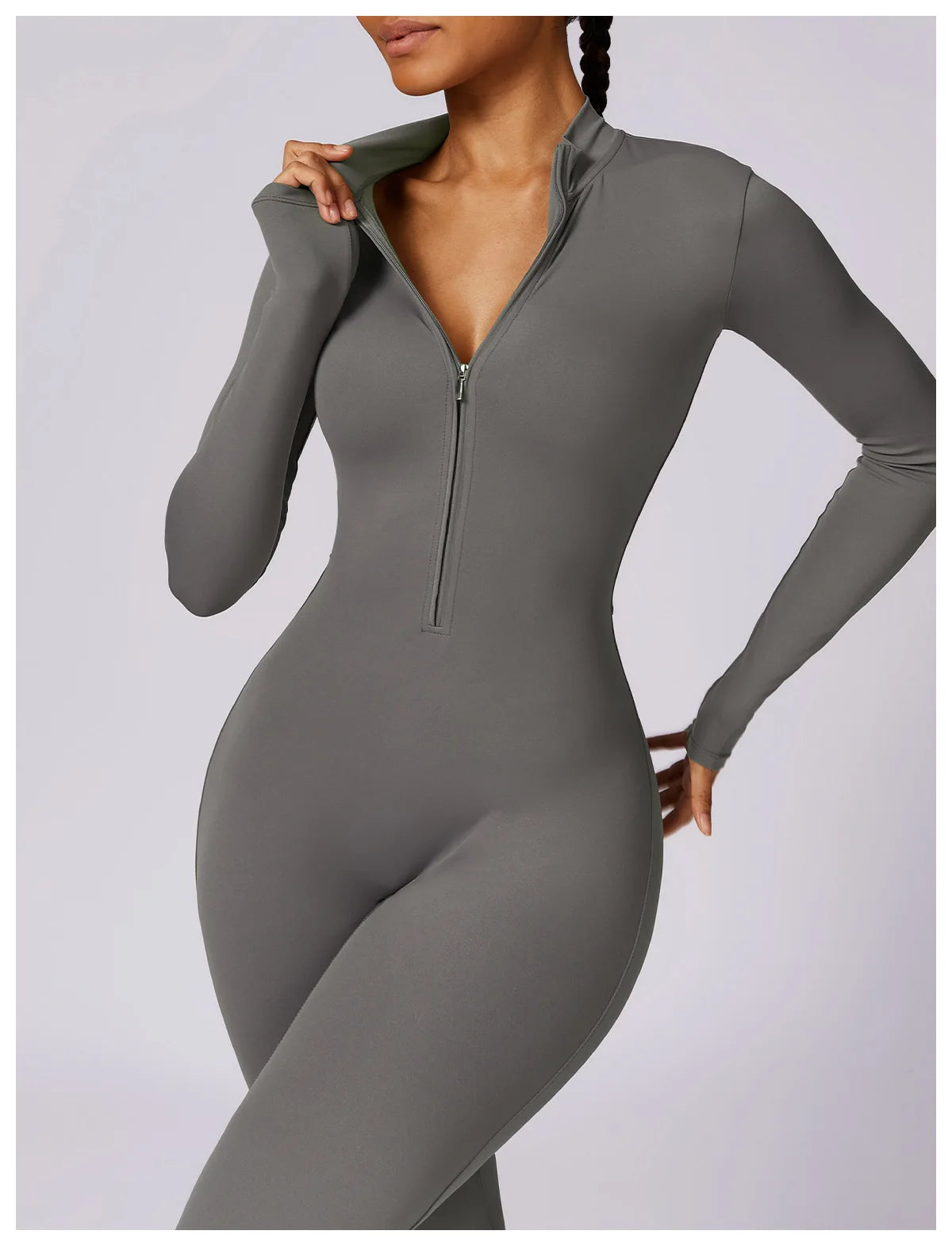 Zipper long sleeve Elastic One-Piece gym workout Bodysuit