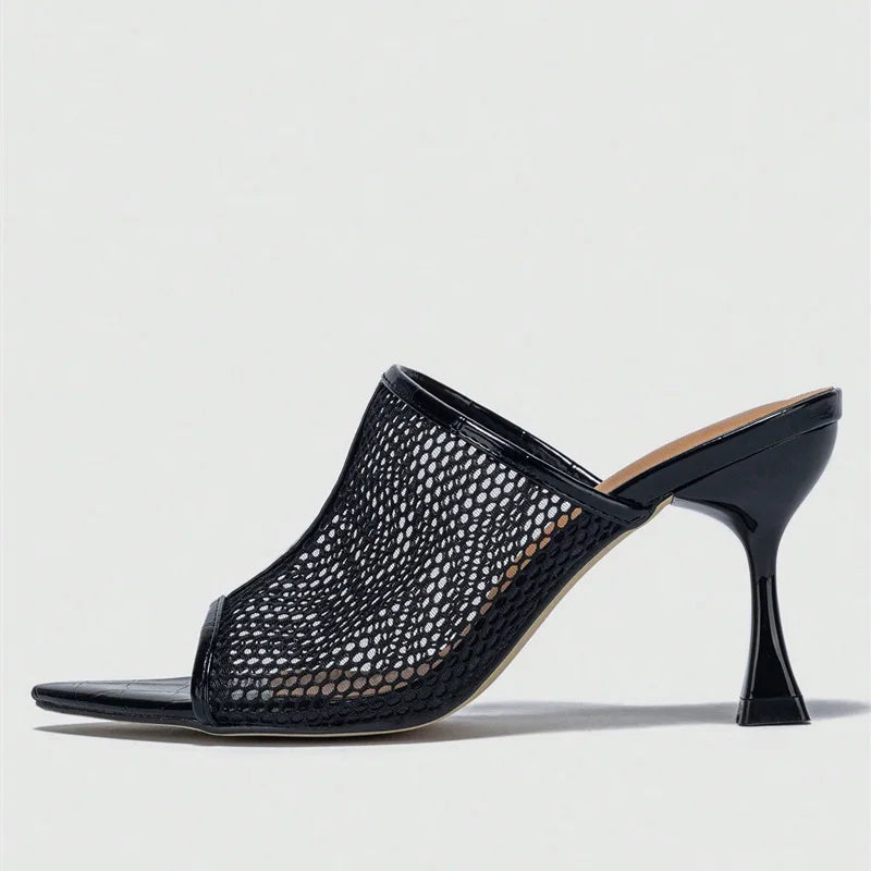 Hollow Out Mesh Black patent Leather Pointed Open Toe High Heel Sandals