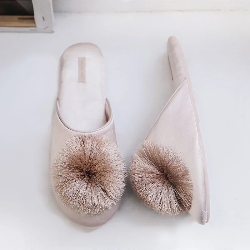 Pom-pom Women's Satin Slippers