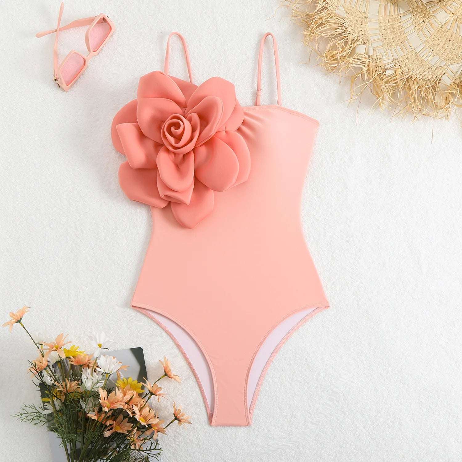 3D Flower One Piece Swimsuit Pink