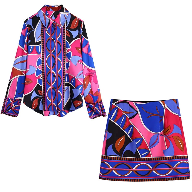 Women Vintage Long Sleeve Top Skirt Set