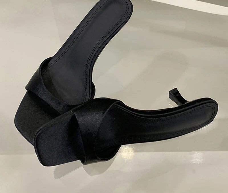 Satin Thin Low Heels Square Toe Mule Sandals