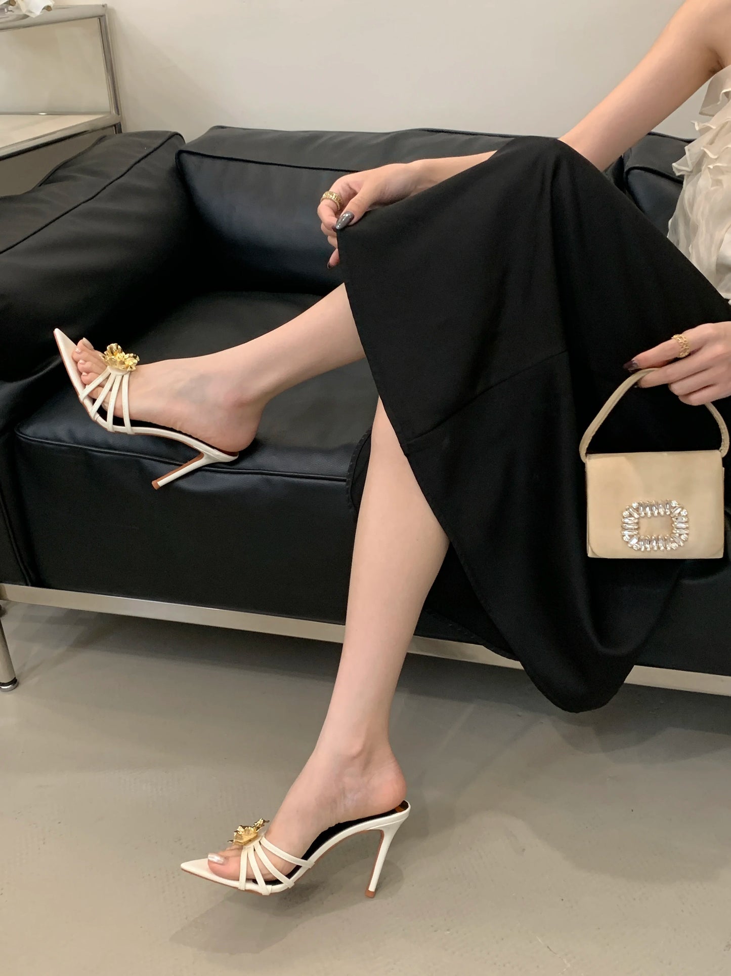 Metal look Flower Open Toe Mule High Heel Sandals