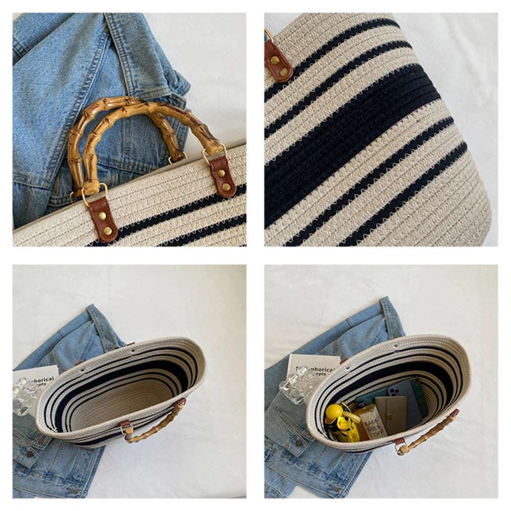 Woven tote Summer Beach Bag with Bamboo style Handle