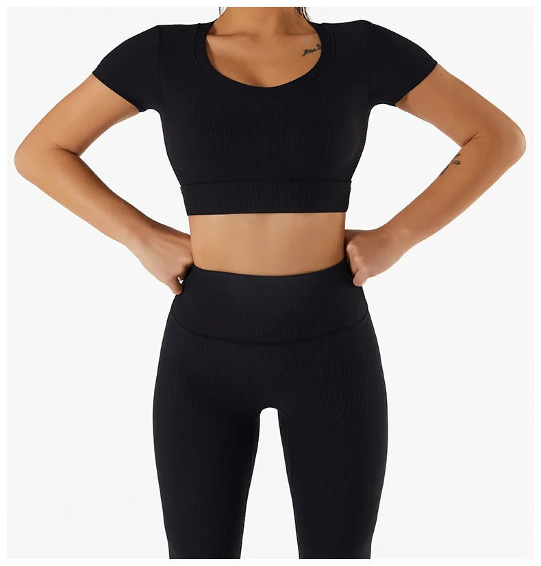 Short Sleeve round neck crop bralette High Waist Leggings Gym Fitness Set