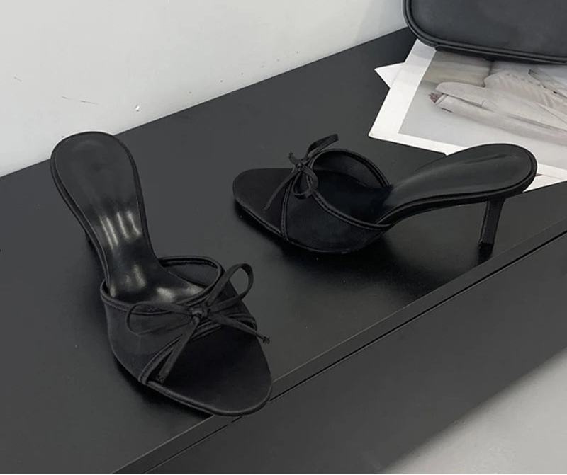 Butterfly Knot Mesh Open Toe Thin High Heel Sandals Black