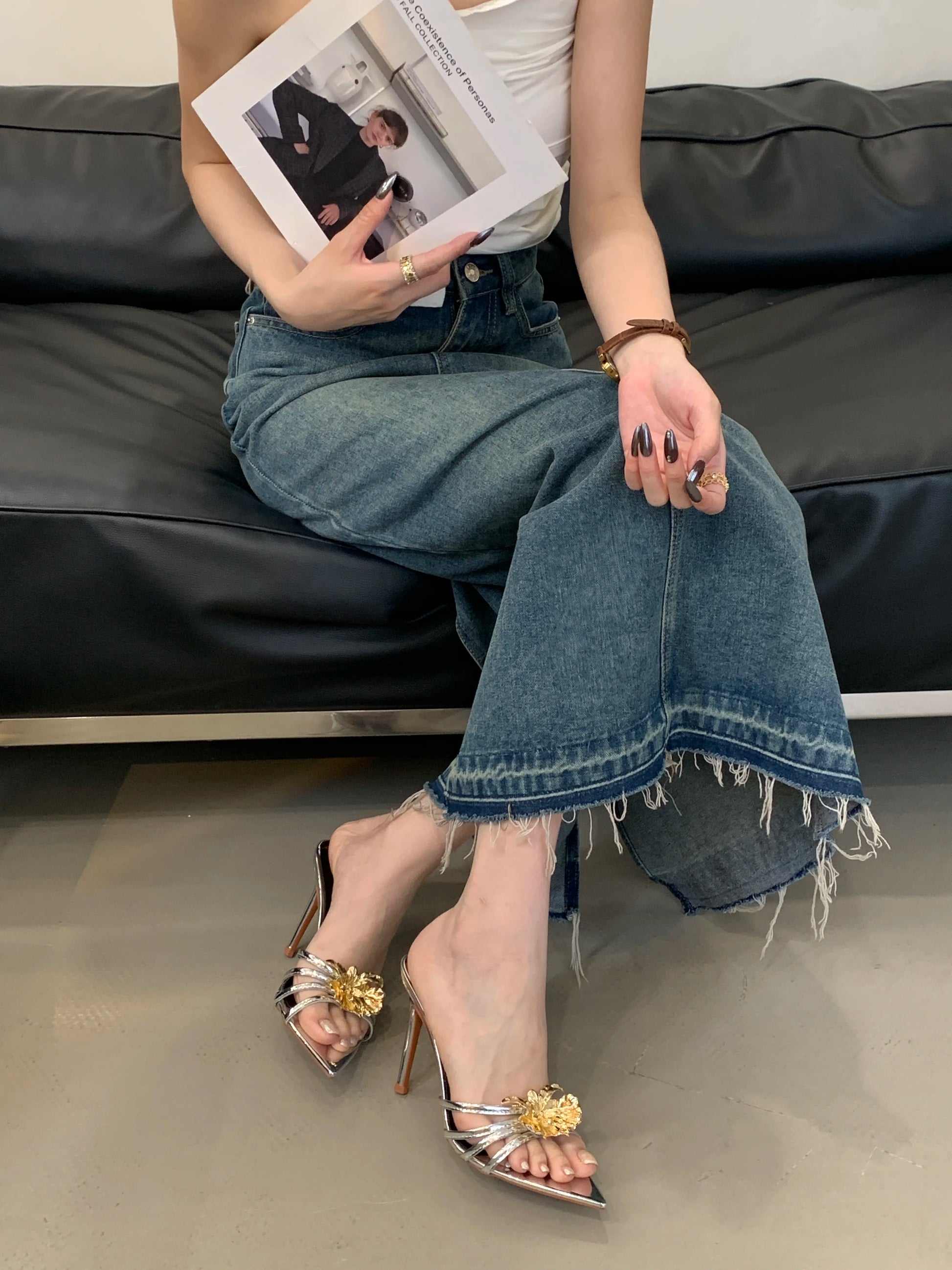 Metal look Flower Open Toe Mule High Heel Sandals