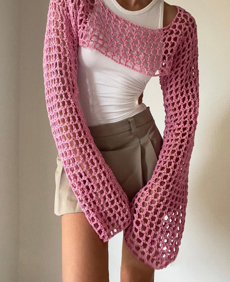 Summer Green Long Sleeve Smock Knitted Crop Top Pink