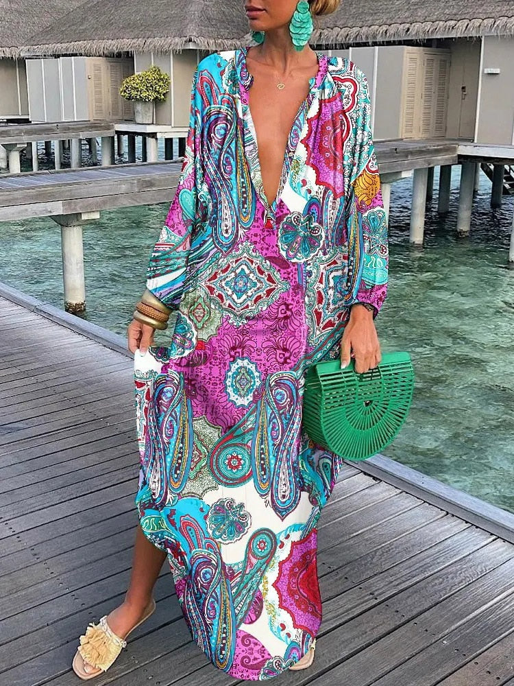 Summer Deep V-Neck Long Sleeve Long Dresses Rose