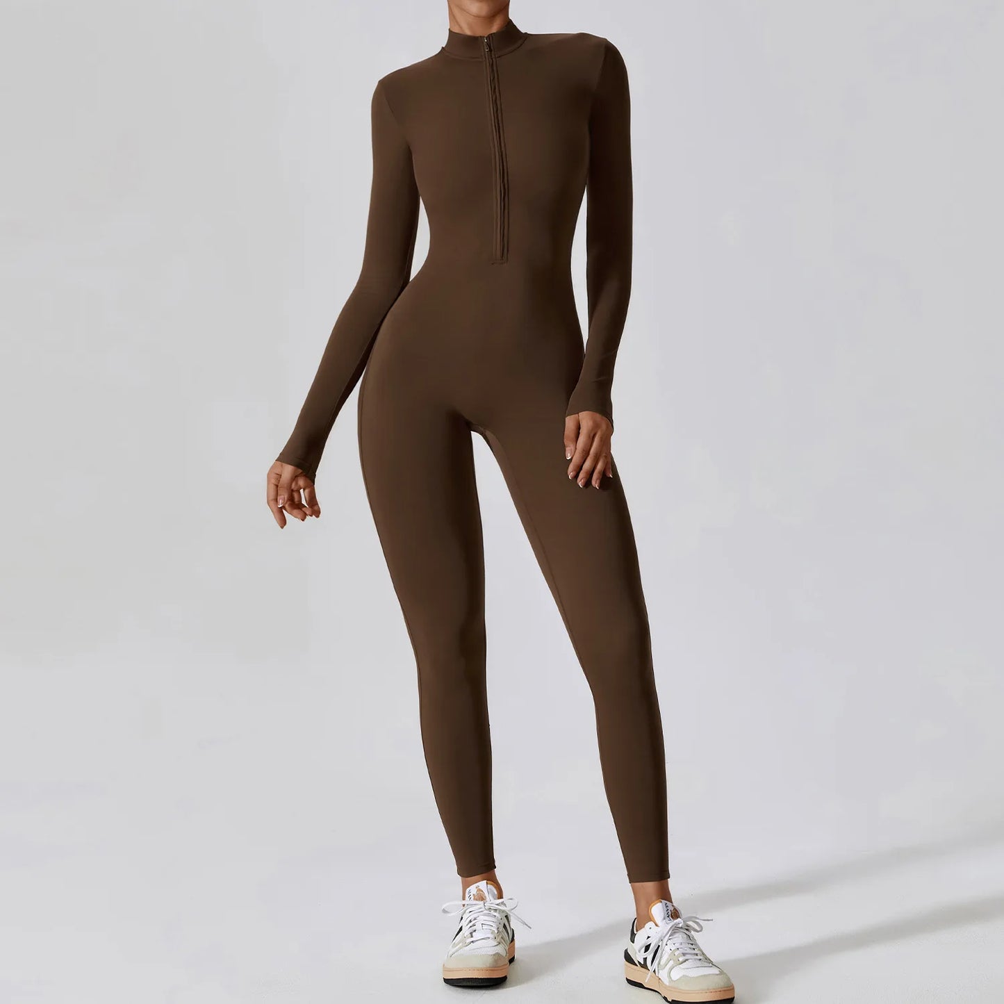 Zipper long sleeve Elastic One-Piece gym workout Bodysuit Burnt tea coffee