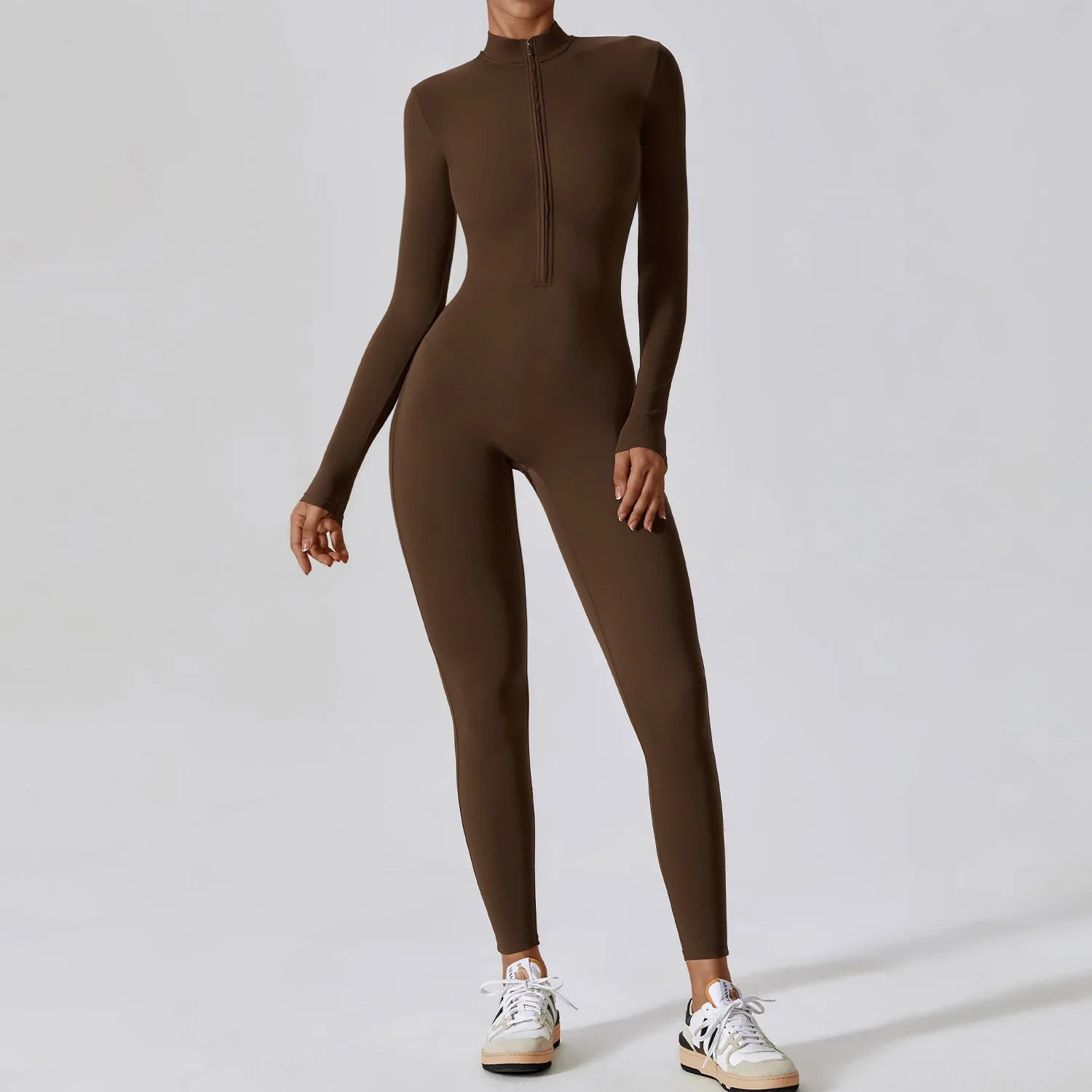 Zipper long sleeve Elastic One-Piece gym workout Bodysuit Burnt tea coffee