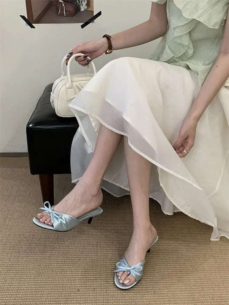 Butterfly-kont Pleated Thin Low Heels Satin kitten heel sandals